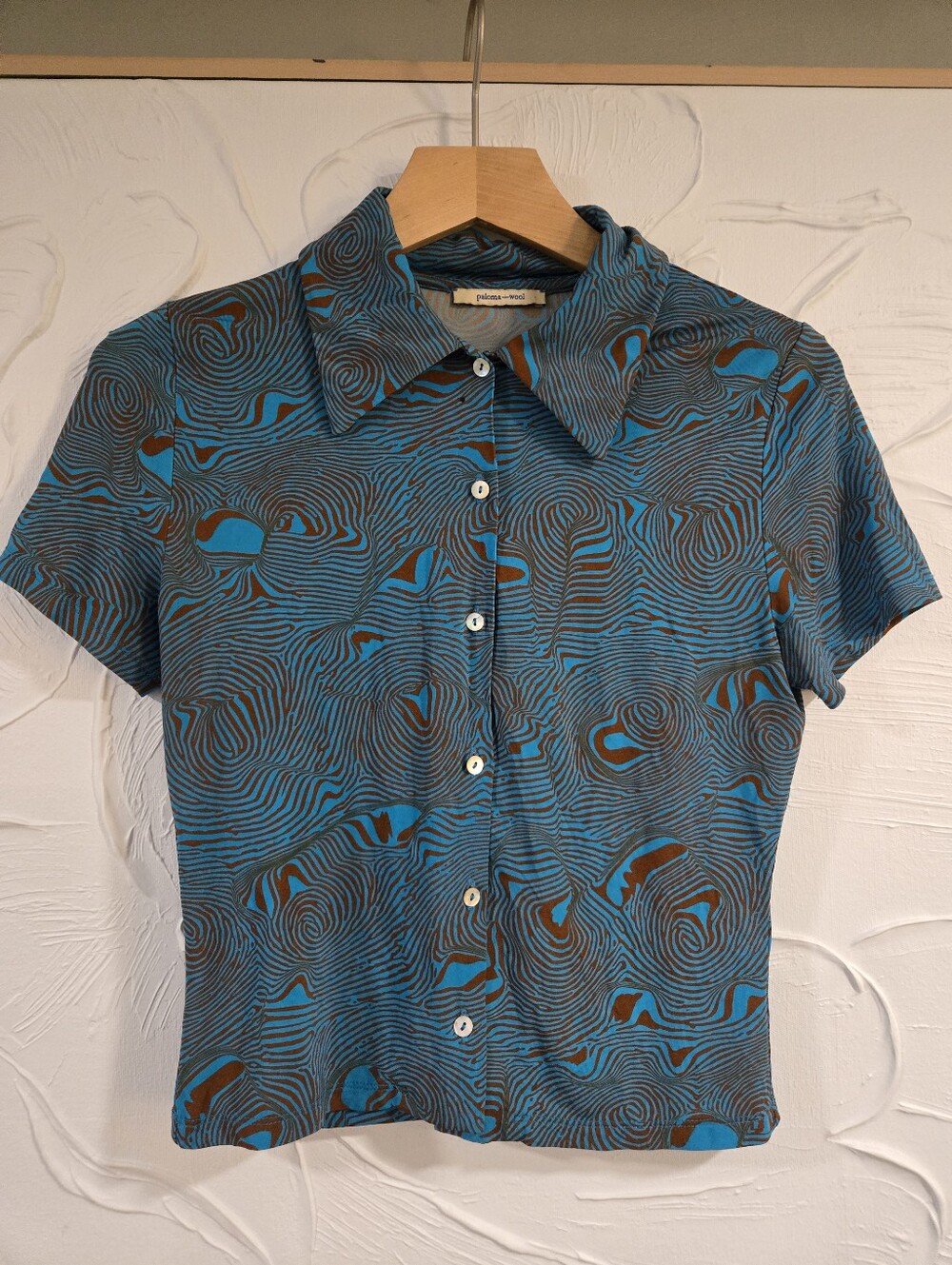 Paloma Wool• The ReginaTeal & Brown Abstract Mosaic Psychedelic Button-Up. Sz S - Picture 3 of 7